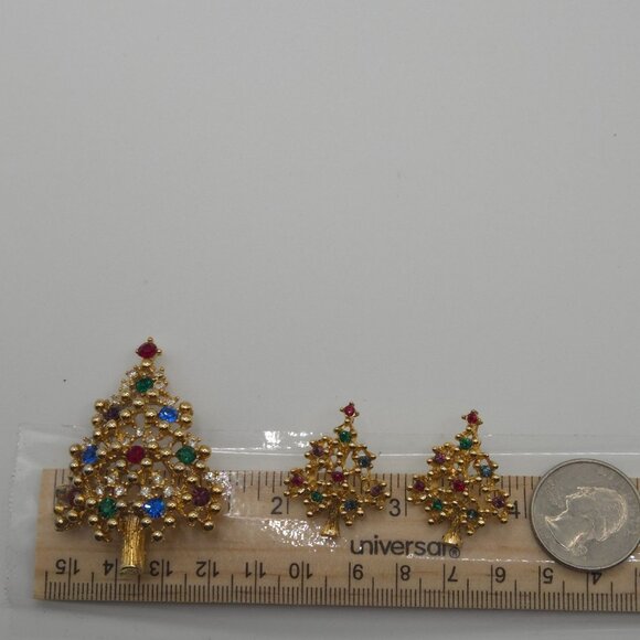 Eisenberg Matching Earrings + Brooch Gold Tone Decorated Festive Christmas Trees - Picture 6 of 15